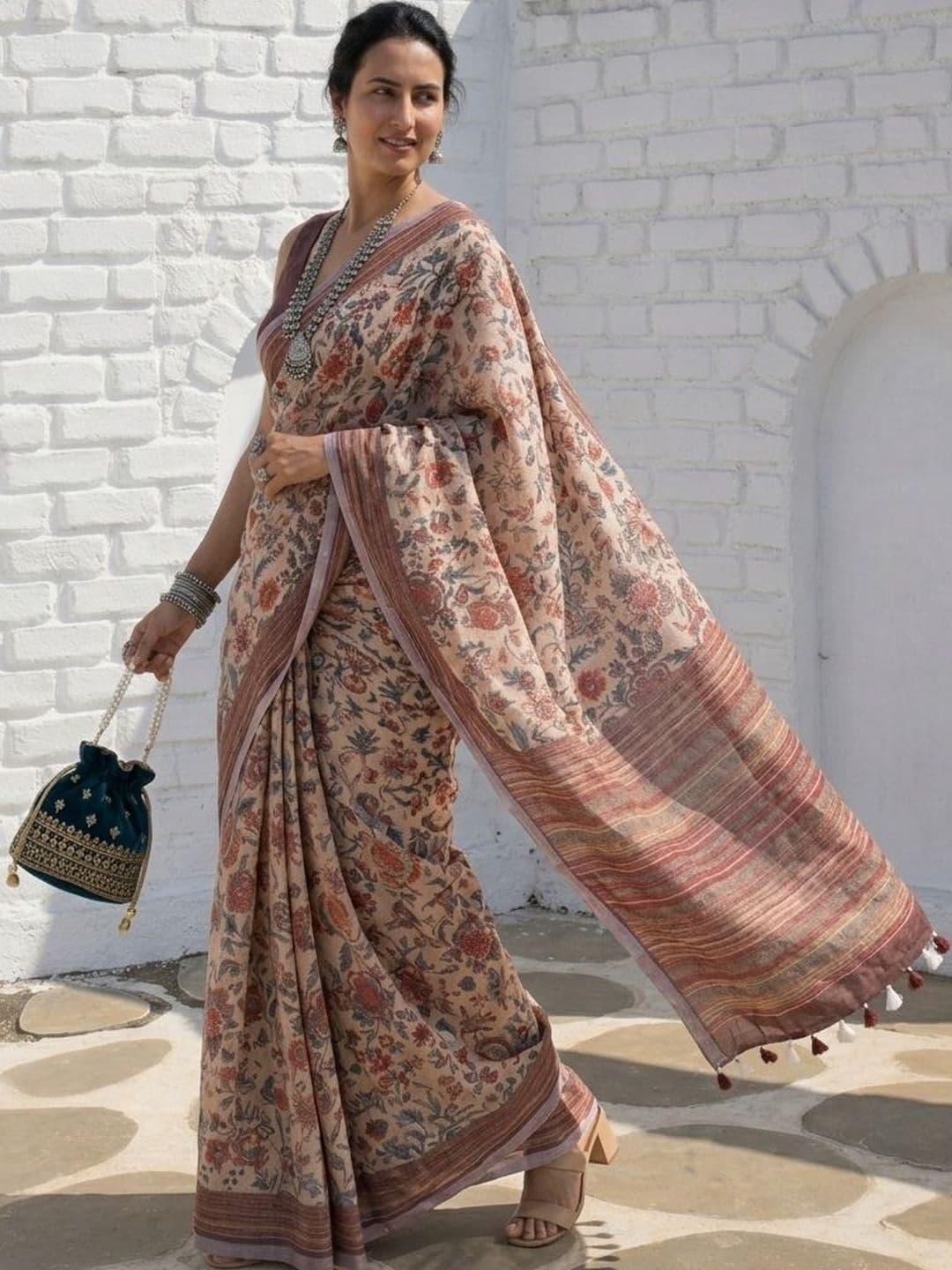 Anouk Floral Pure Linen Handloom Block Print Saree - view 1