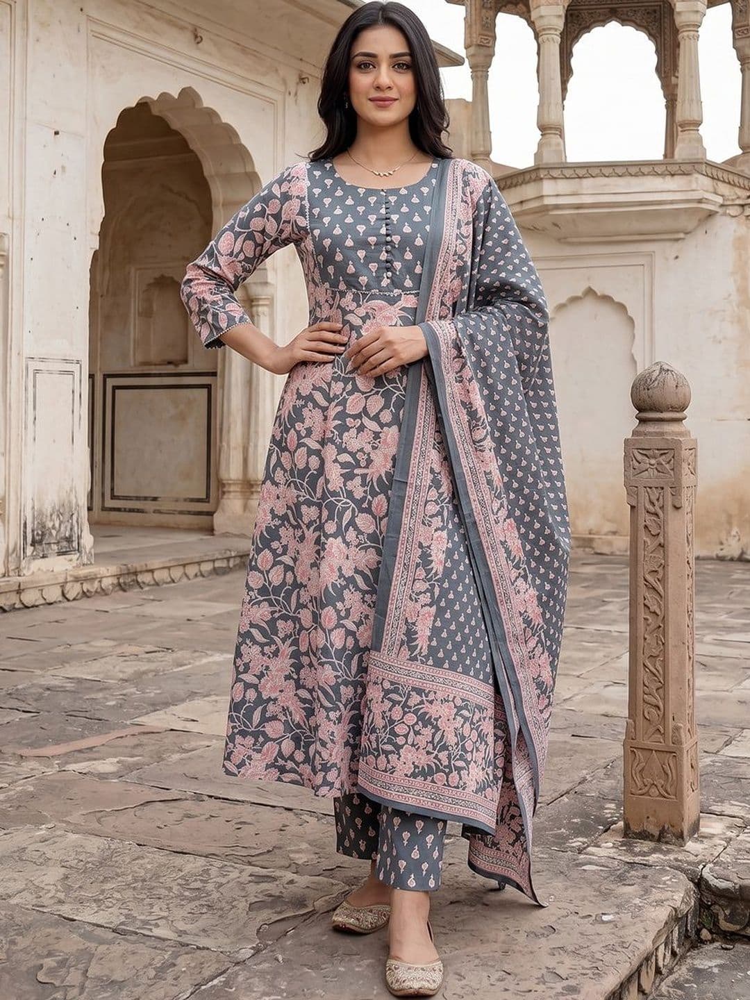 Anouk Women Floral Printed Regular Pure Cotton Kurta with Trousers & With Dupatta - view 1