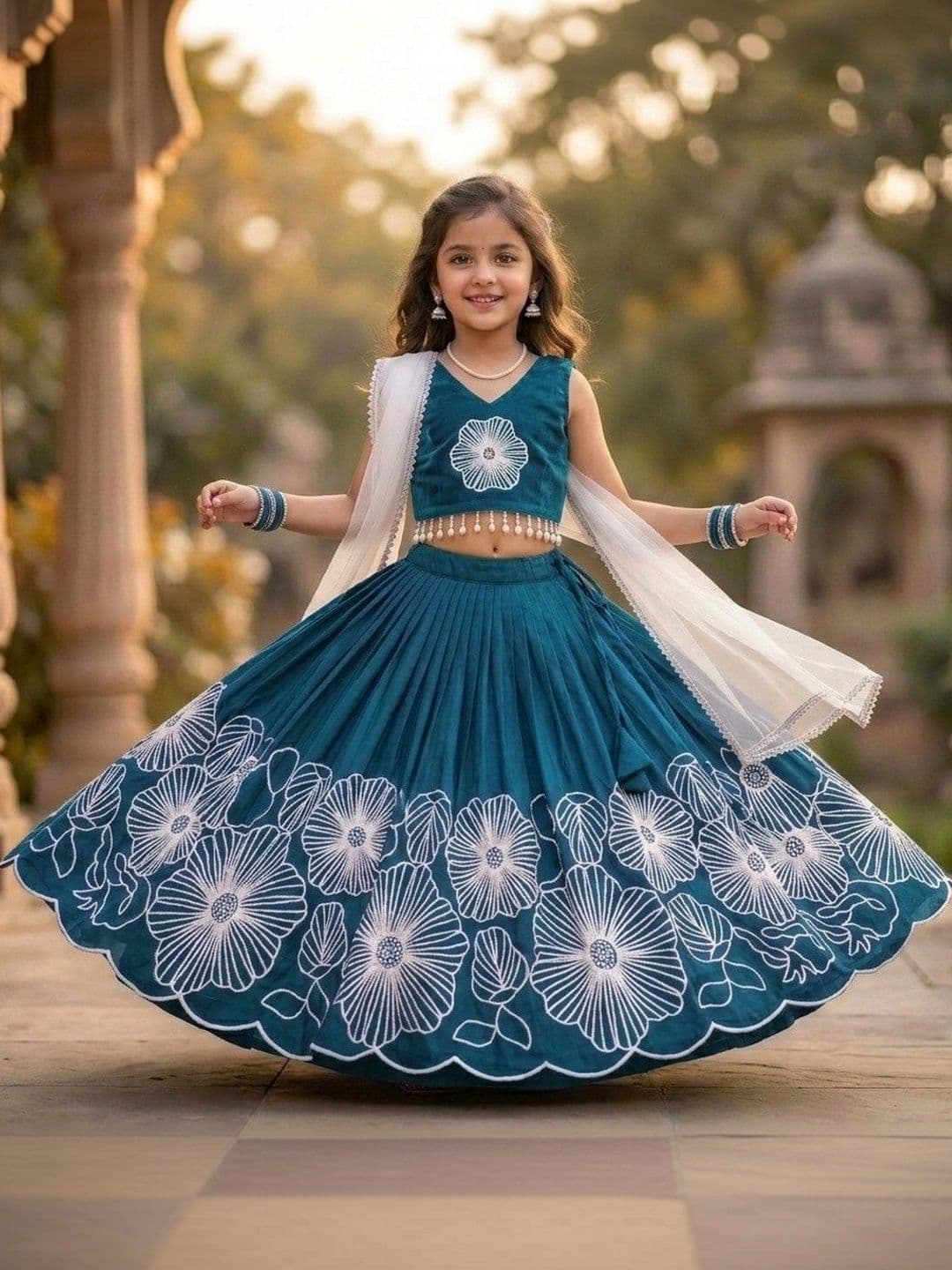 SHUBHVILAS DESIGN Girls Embellished Thread Work Ready to Wear Lehenga & Blouse With Dupatta - view 1