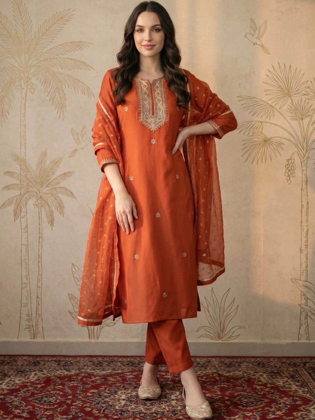 Sangria Women Ethnic Motifs Embroidered Regular Thread Work Kurta with Trousers & With Dupatta - view 1