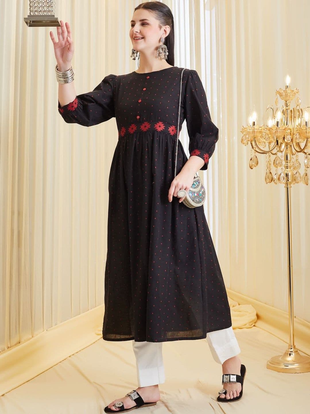 Anouk Women Polka Dot Printed Thread Work Dobby Kurta - view 1