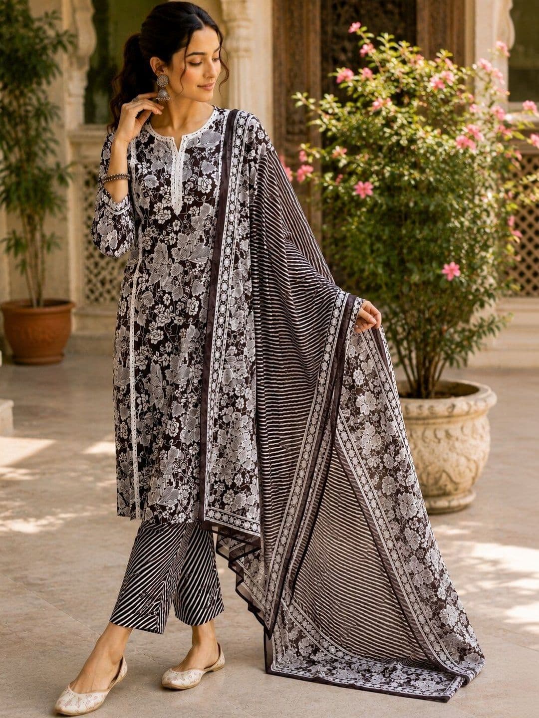 Anouk Floral Printed Regular Thread Work Pure Cotton Kurta with Trousers & Dupatta - view 1