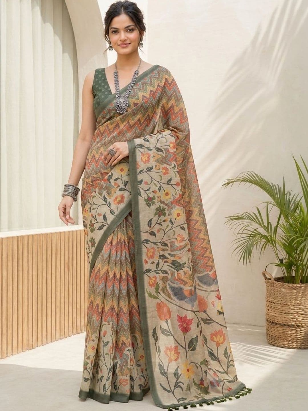 Anouk Floral Kalamkari Printed Woven Design Chanderi Silk Saree - view 1