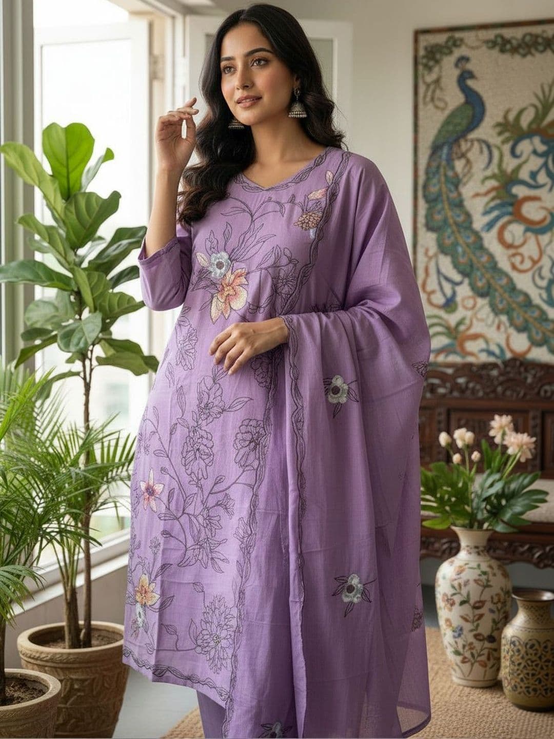 Anouk Women Floral Embroidered Regular Thread Work Pure Cotton Kurta with Palazzos & With Dupatta - view 1