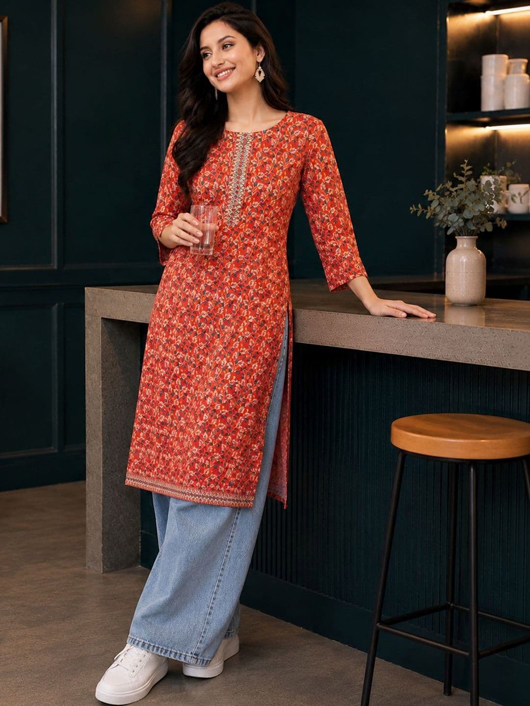 Anouk Women Red Printed Straight Polyester Knee Length Kurta with Round Neck - view 1