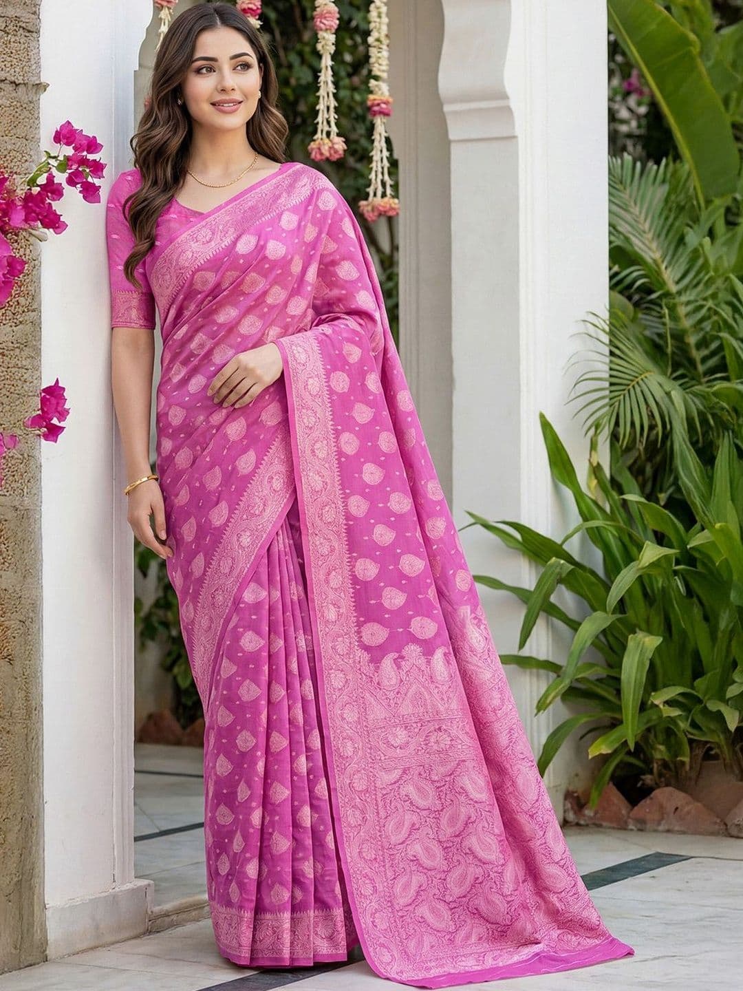Anouk Women Pink Linen Jaquard Woven Saree with Unstitched Blouse Piece - view 1