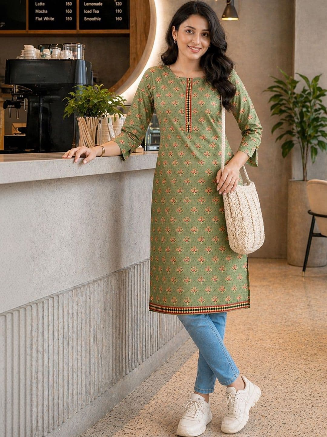 Anouk Women Olive Green Printed Straight Polyester Knee Length Kurta with Round Neck - view 1