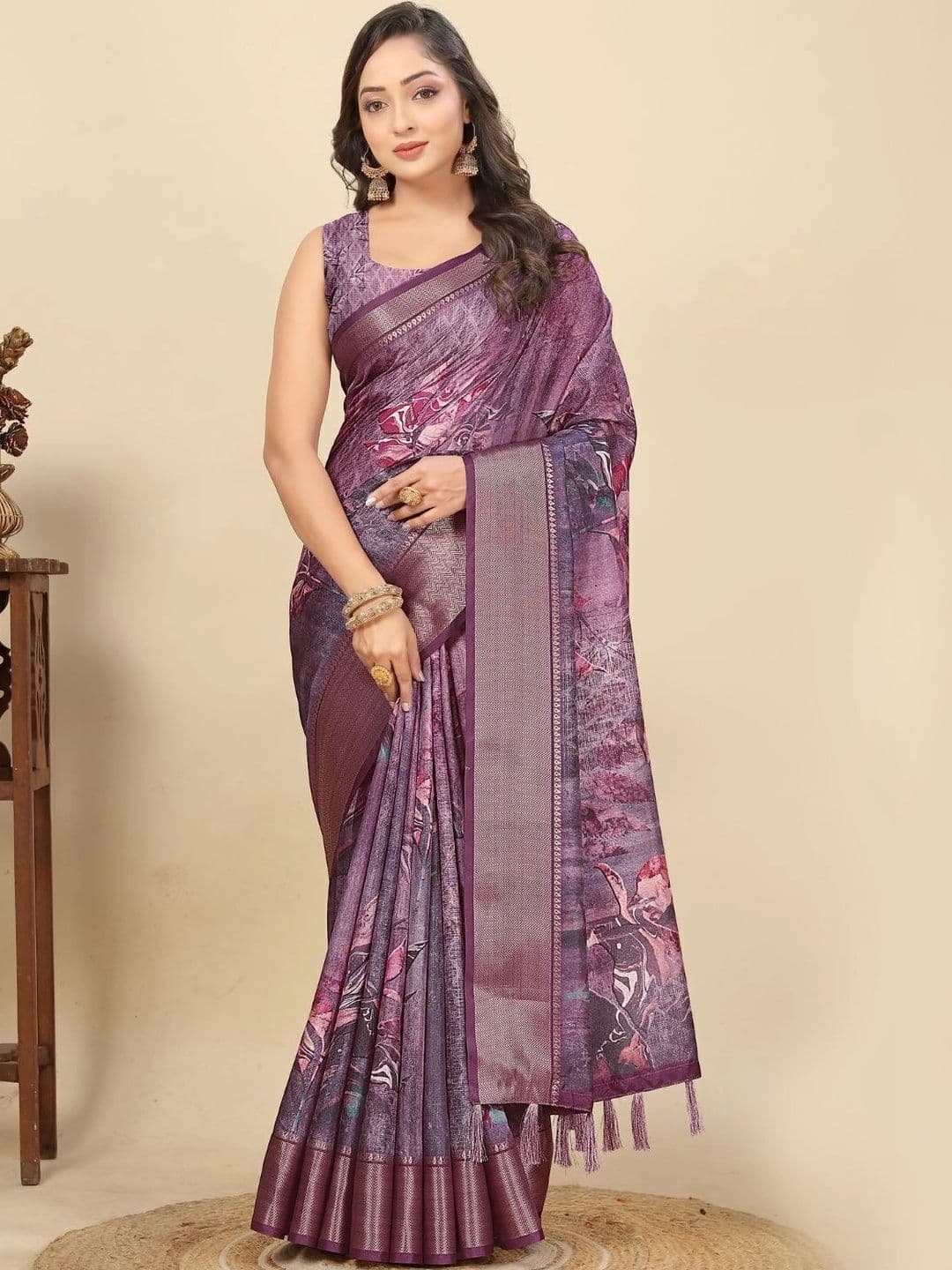 J 6 DESIGNER J6 DESIGNERS Women Purple Printed Art Silk Design Border Saree - view 1