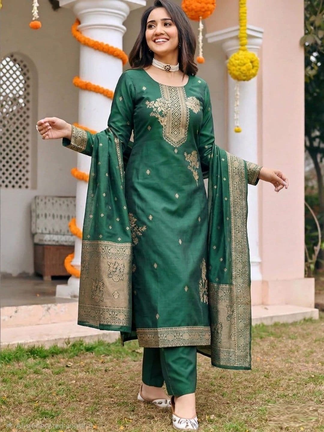 SHU-GORA Women Ethnic Motifs Embroidered Regular Kurta with Trousers & With Dupatta - view 1