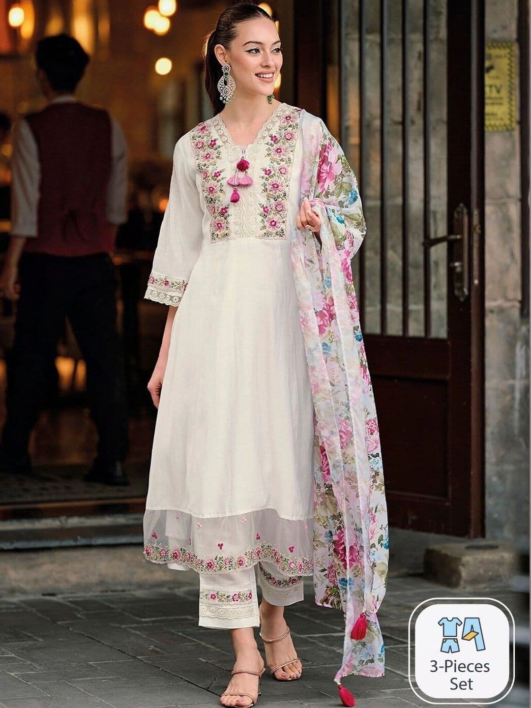 KALINI Women Floral Embroidered Regular Thread Work Chanderi Silk Kurta with Trousers & With Dupatta - view 1