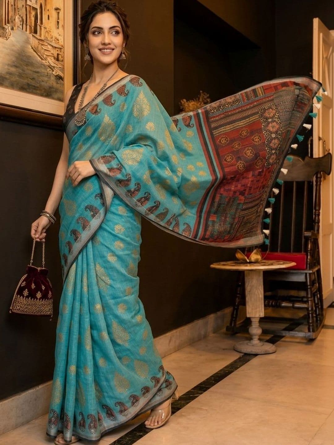 Anouk Paisley Pure Linen Handloom Block Print Saree - view 1