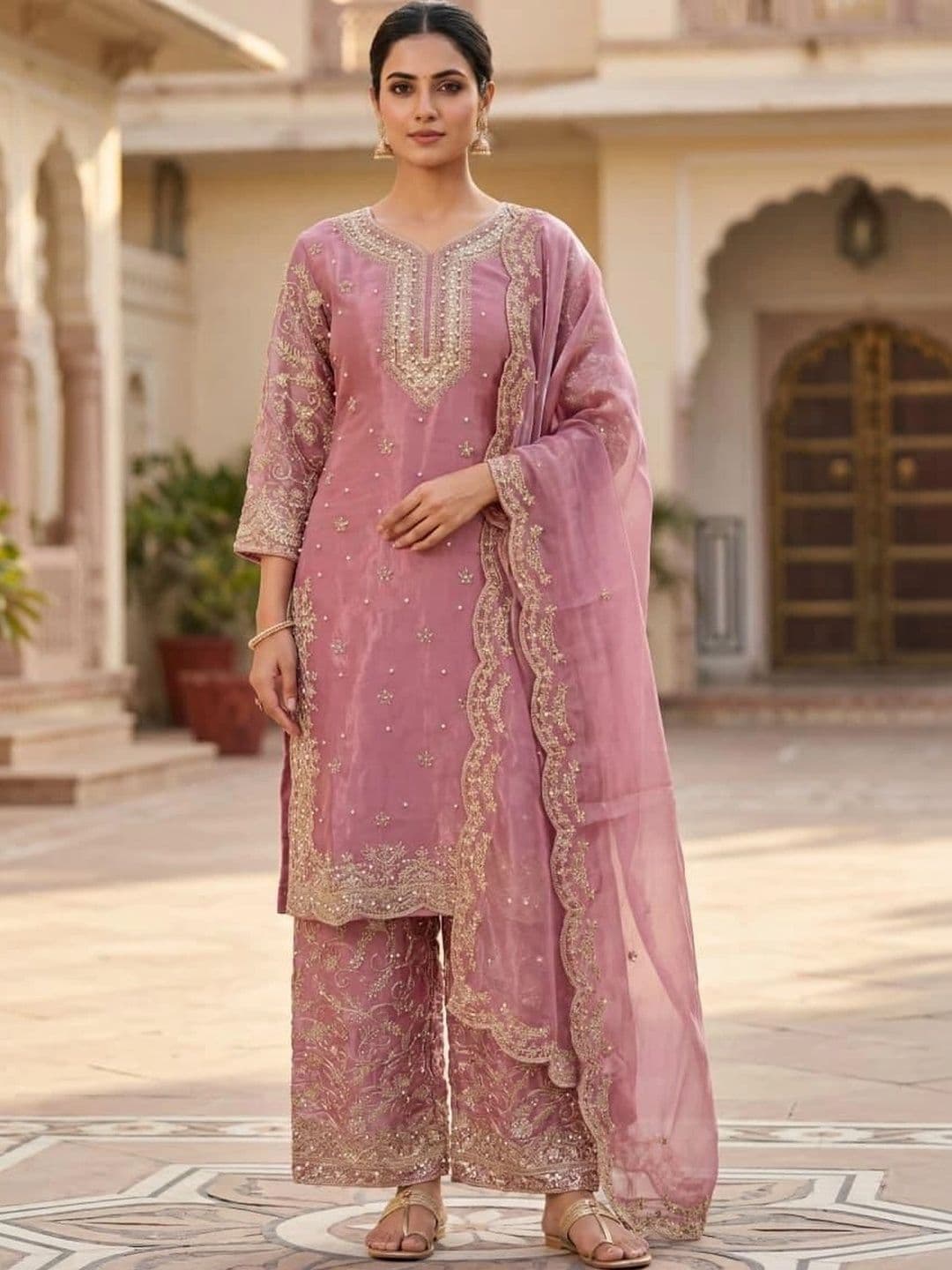 AHANA CREATION Women Ethnic Motifs Embroidered Regular Pure Silk Kurta with Palazzos & With Dupatta - view 1