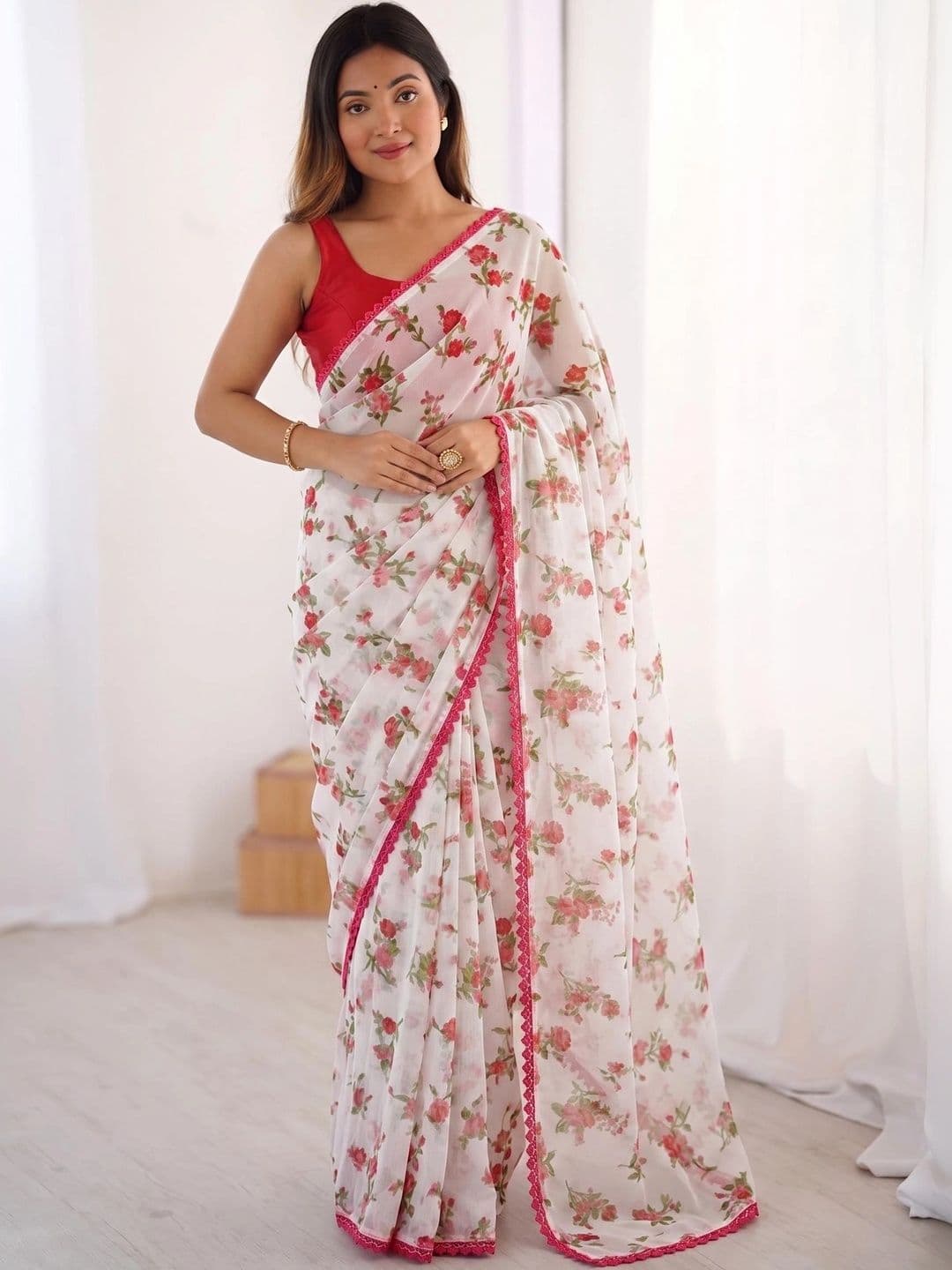 HERE&NOW Floral Poly Chiffon Fusion Saree - view 1