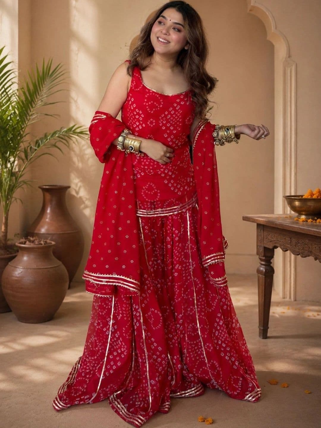 Ariya Prints Women Bandhani Embroidered Regular Thread Work Kurta with Palazzos & With Dupatta - view 1