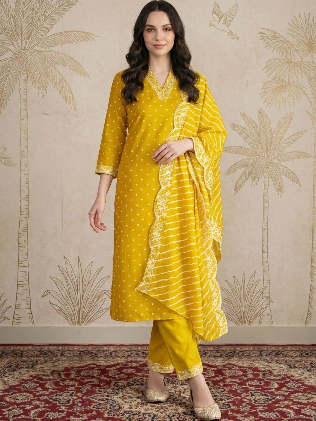 Sangria Women Ethnic Motifs Printed Regular Thread Work Kurta with Trousers & With Dupatta - view 1
