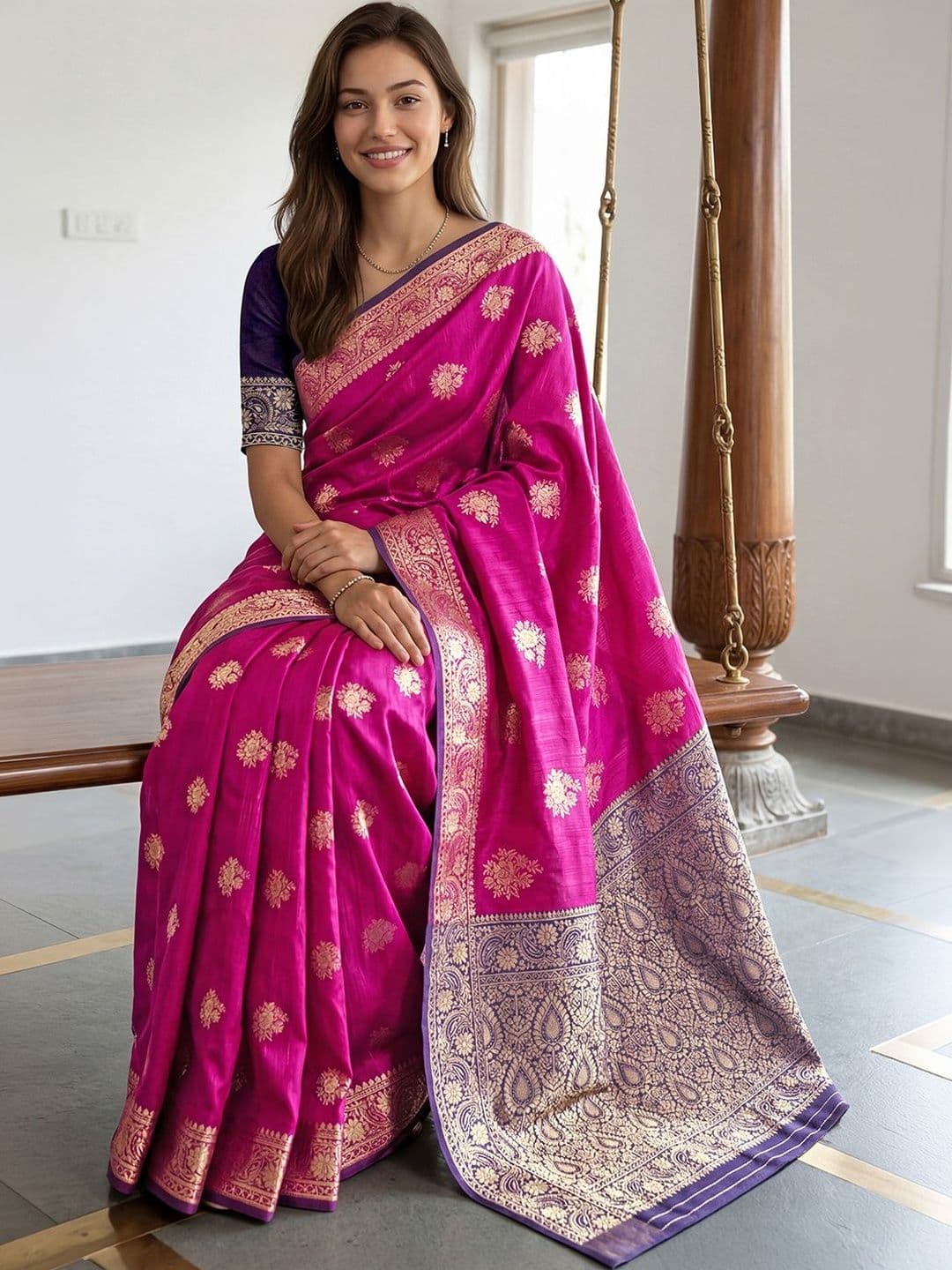 Anouk Ethnic Motifs Zari Silk Blend Handloom Banarasi Saree - view 1