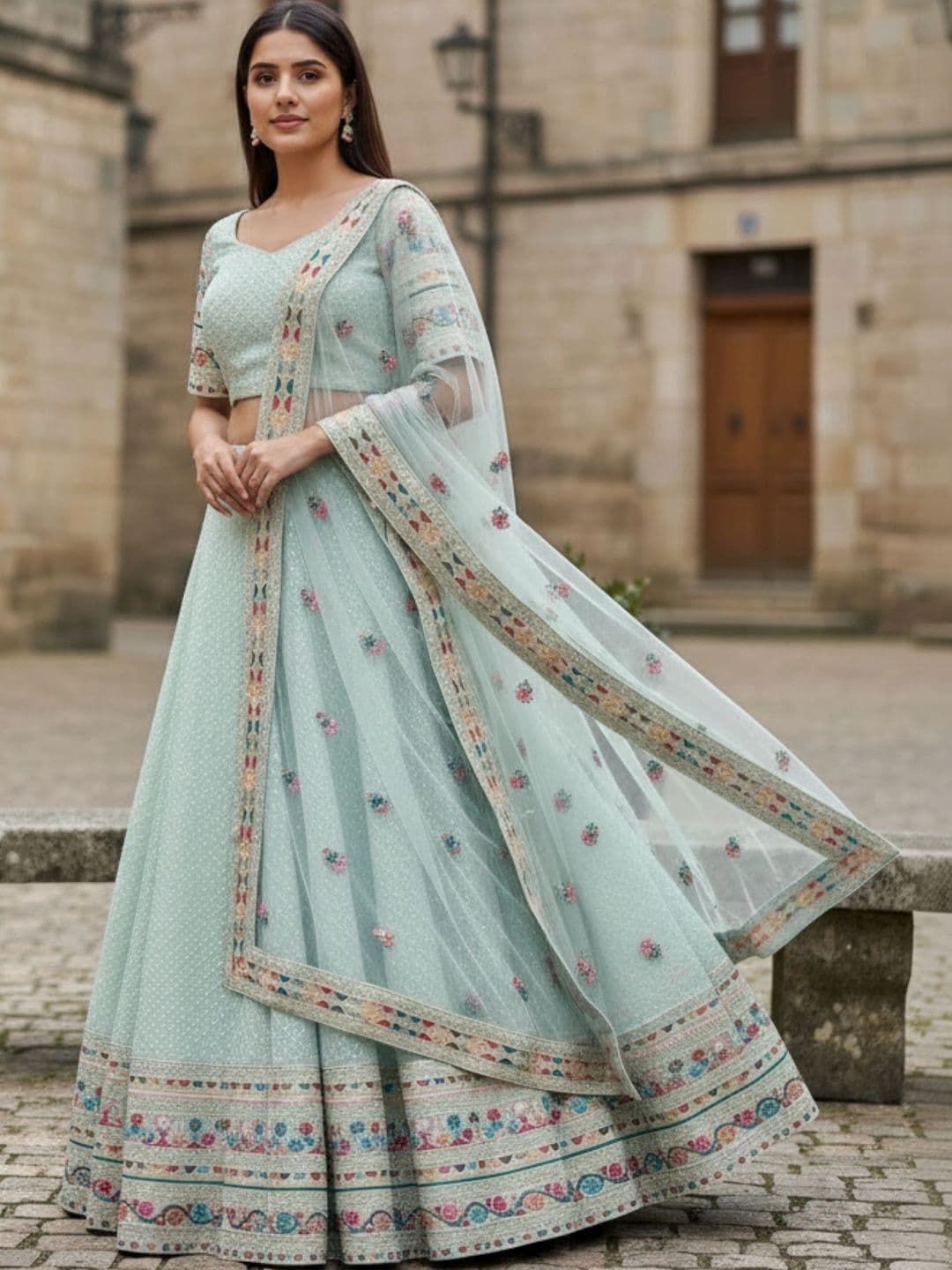 Poshak Bazaar Embroidered Thread Work Semi-Stitched Lehenga & Unstitched Blouse With Dupatta - view 1
