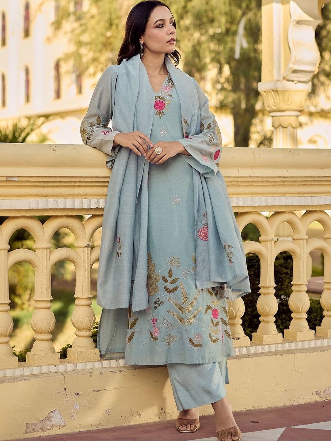 Anouk Women Floral Embroidered Regular Thread Work Chanderi Cotton Kurta with Trousers & With Dupatta - view 1