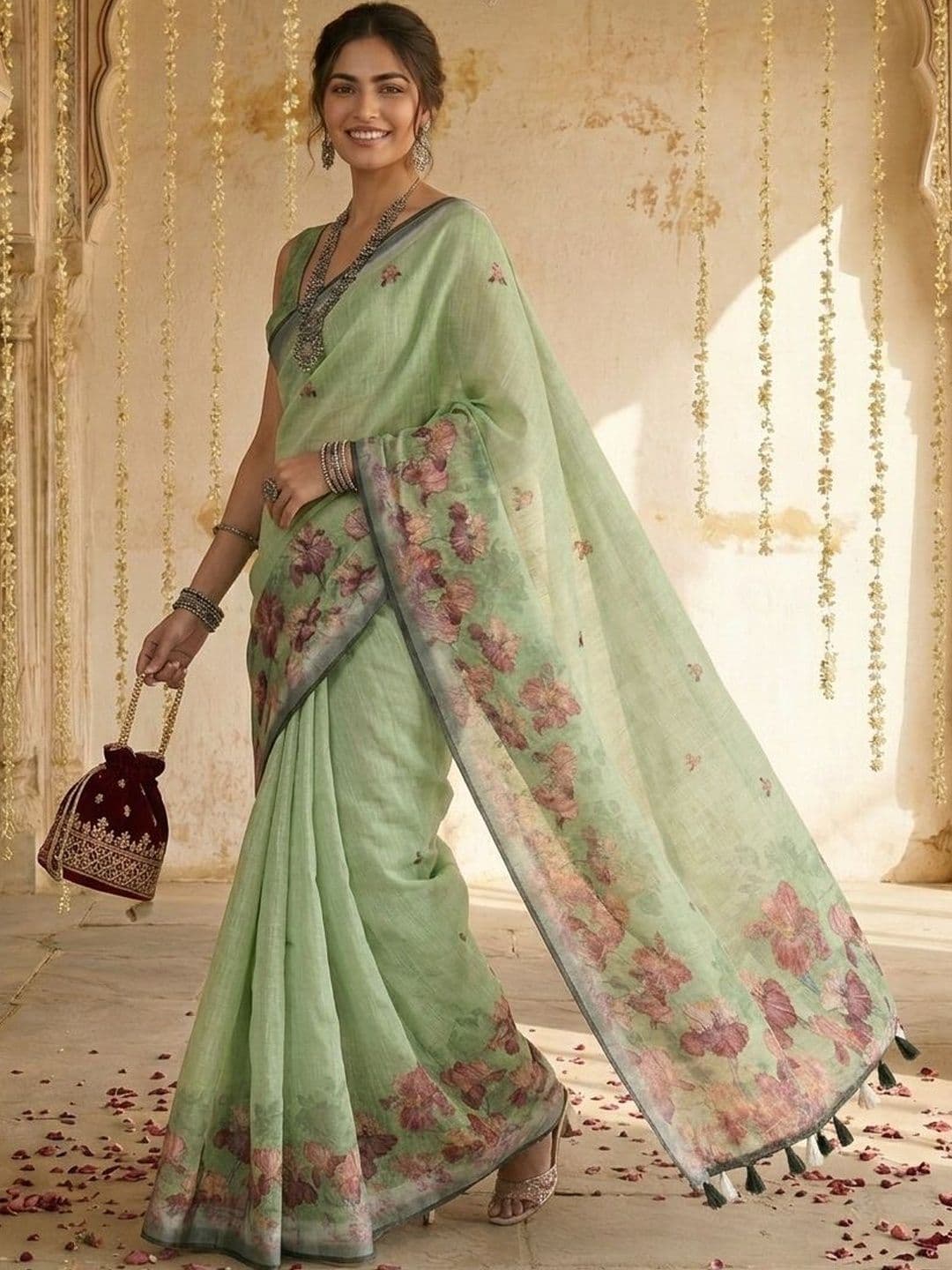 Anouk Floral Pure Linen Block Print Saree - view 1
