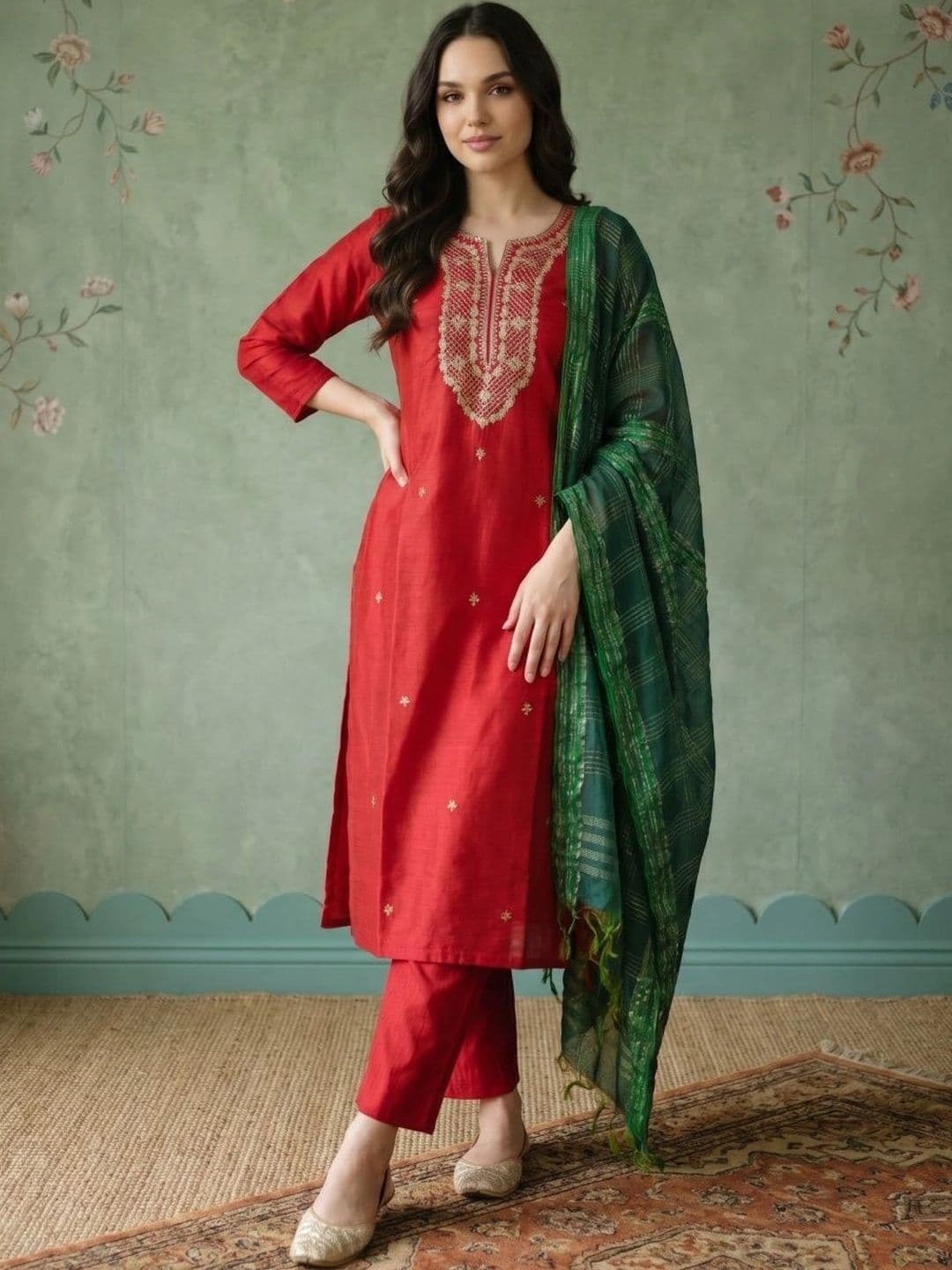 Sangria Women Ethnic Motifs Embroidered Regular Kurta with Trousers & With Dupatta - view 1