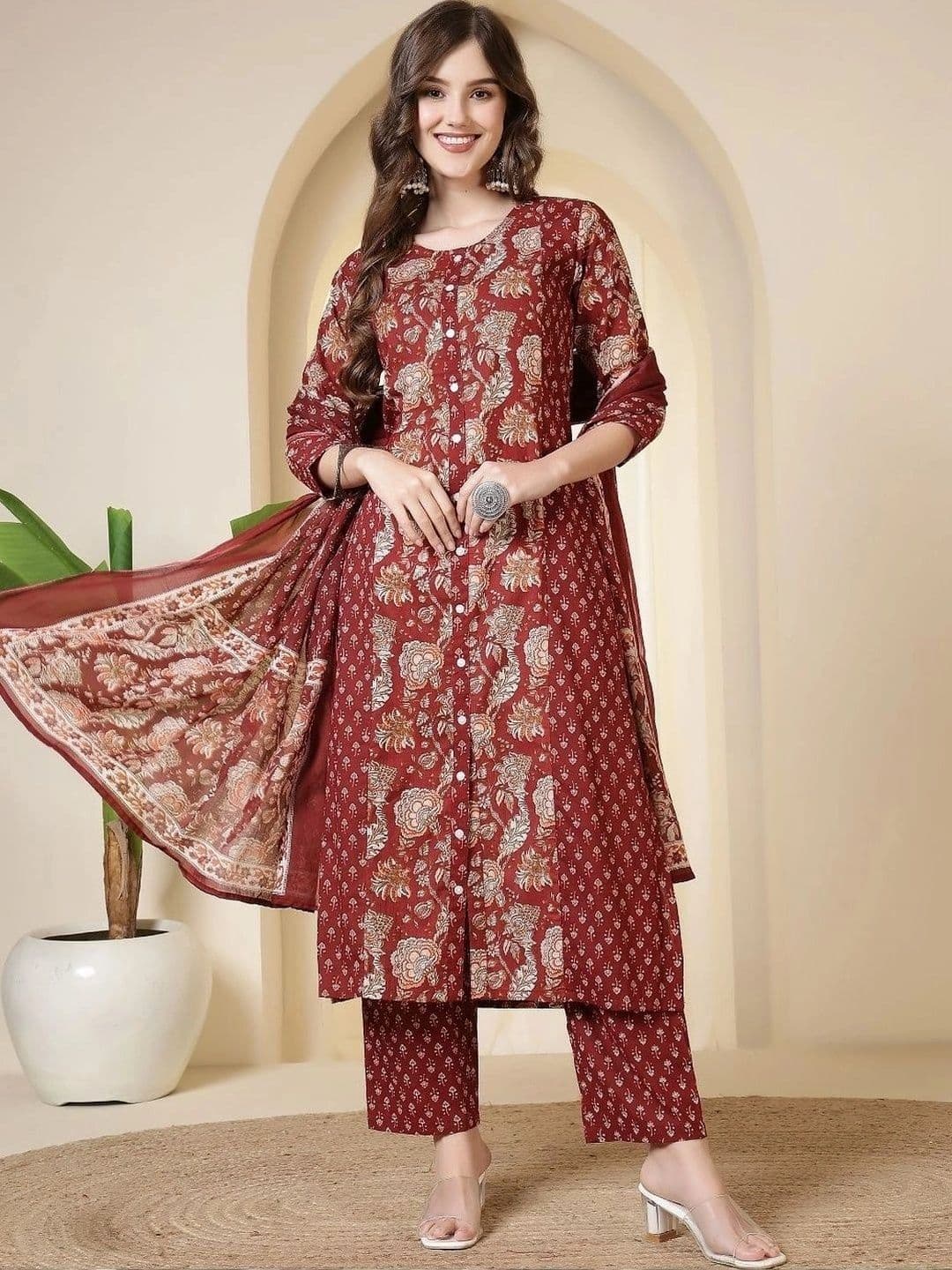Sangria Women Floral Printed Regular Pure Cotton Kurta with Trousers & With Dupatta - view 1