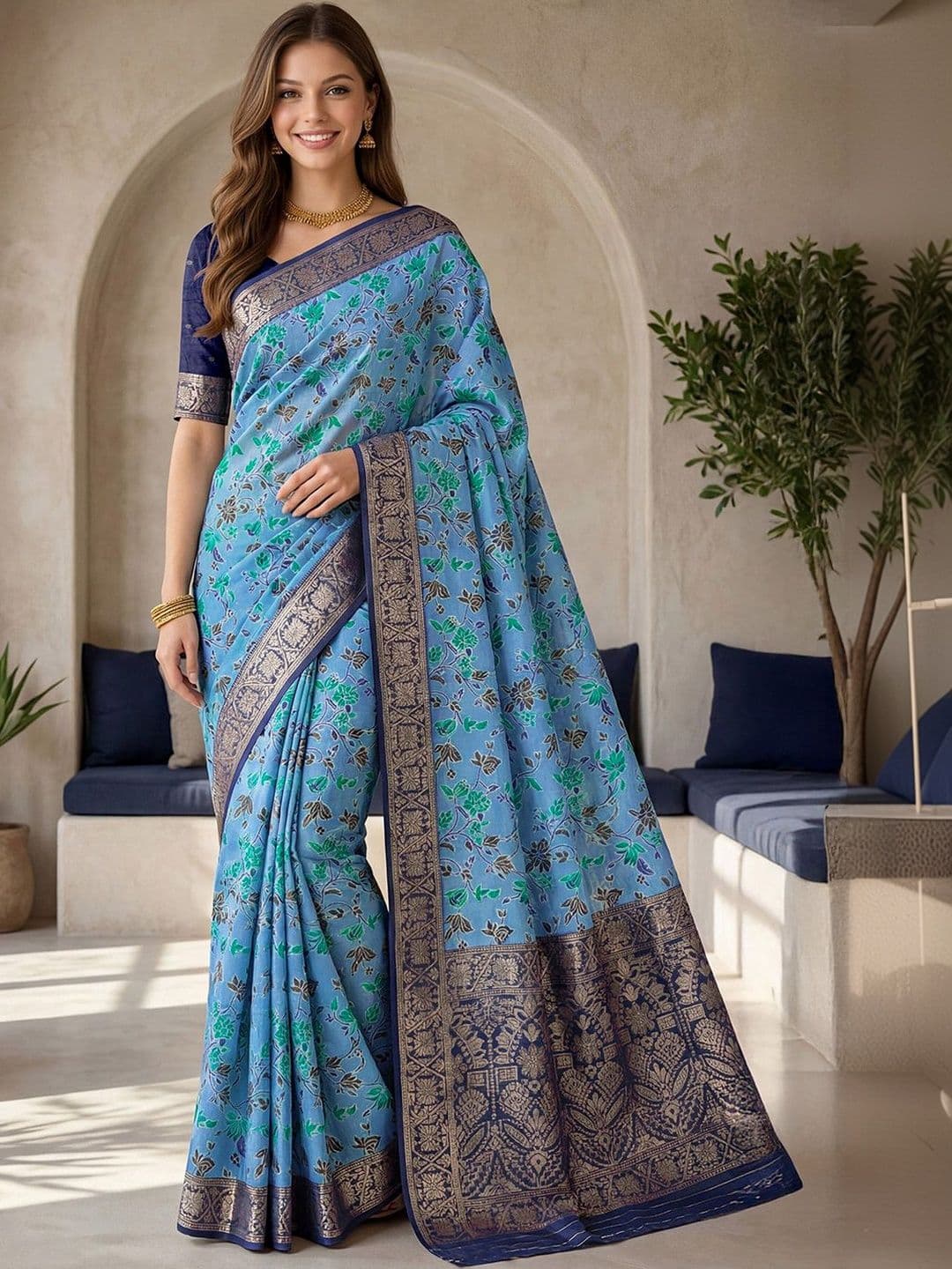 Anouk Women Green Cotton Kanjivaram Woven Saree with Unstitched Blouse Piece - view 1