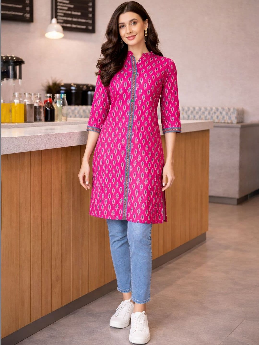 Anouk Women Pink Printed Straight Polyester Knee Length Kurta with Mandarin Collar - view 1