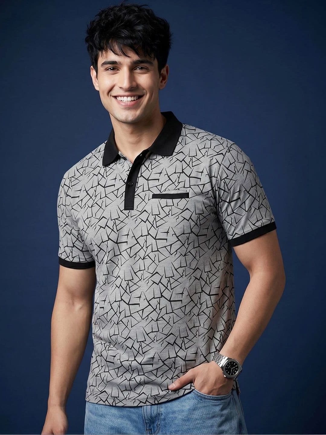 HERE&NOW Men Printed Polo Collar Pockets T-shirt - view 1