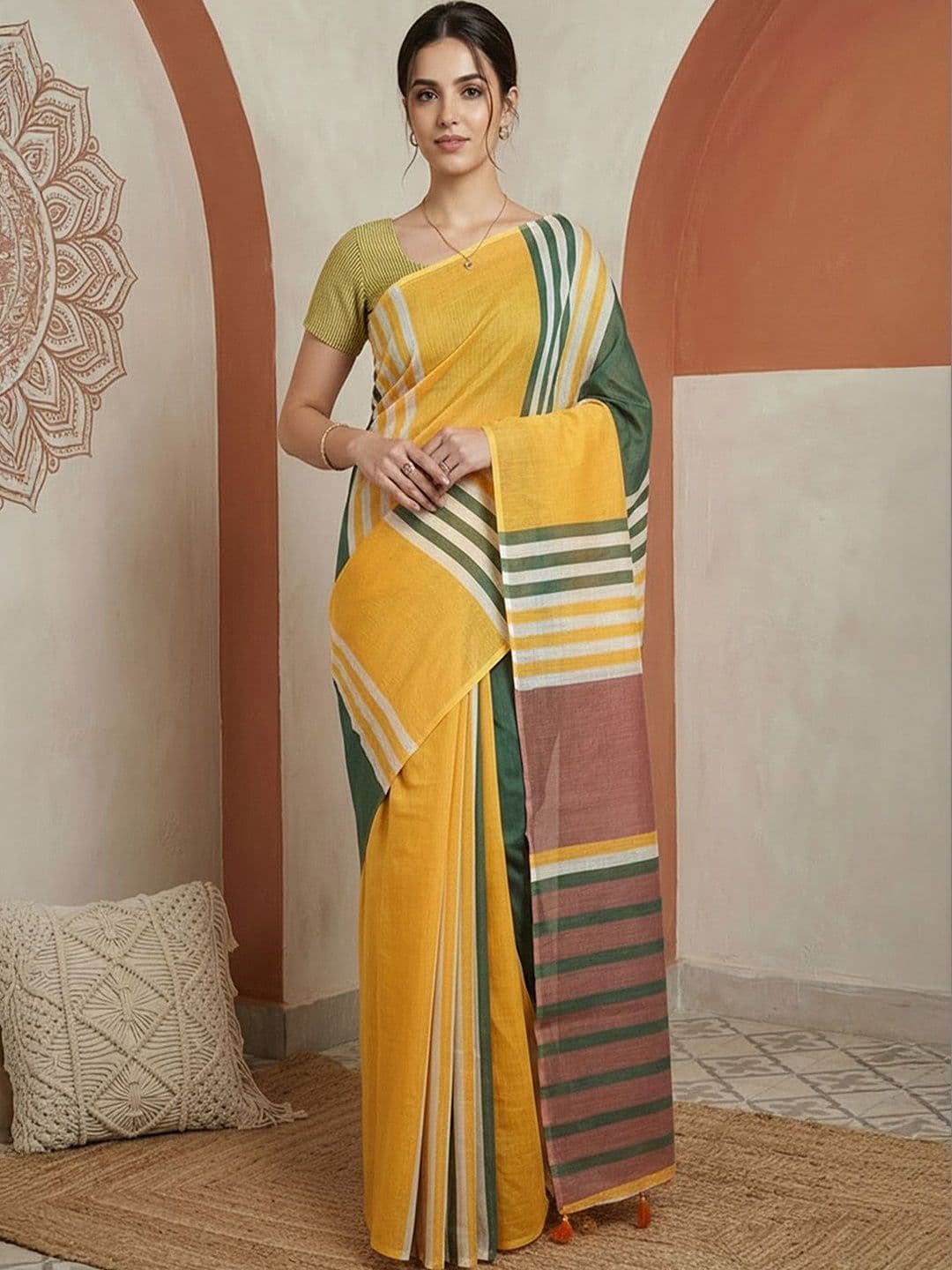 Anouk Striped Pure Cotton Handloom Khadi Saree - view 1