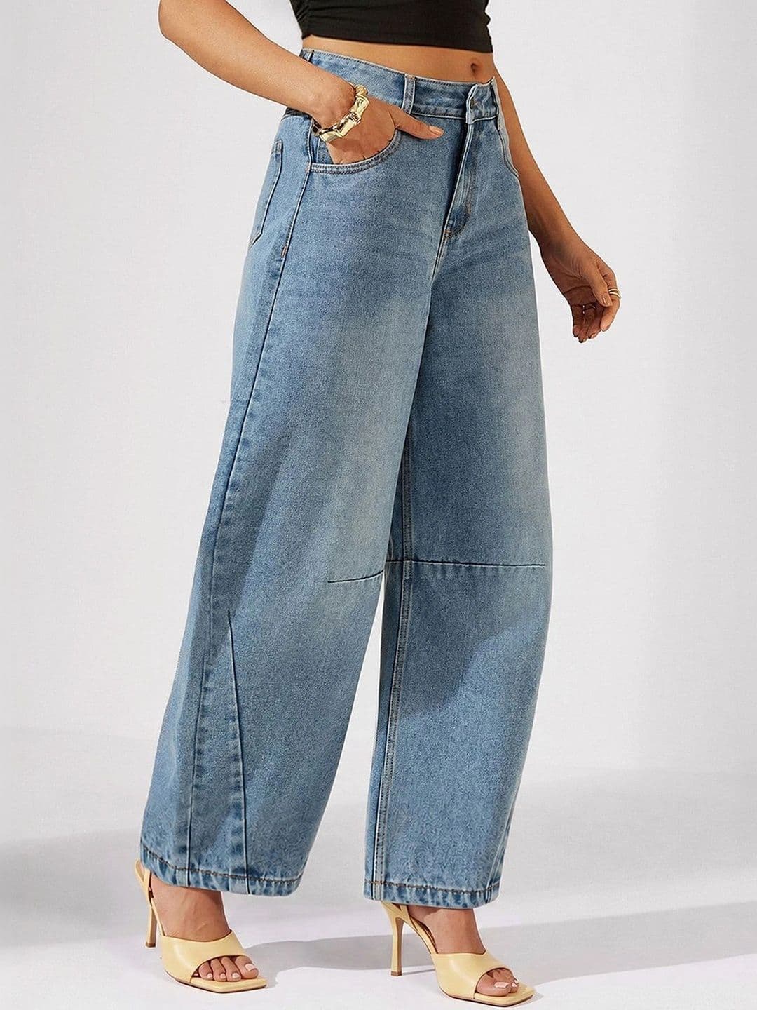 Miss Chase Women High Rise Whiskering & Knee Dart Detailing Barrel Fit Denim Jeans - view 1