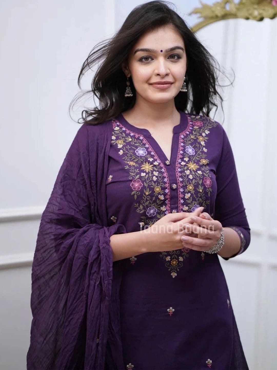 KALINI Women Floral Embroidered Regular Thread Work Kurta with Trousers & With Dupatta - view 1