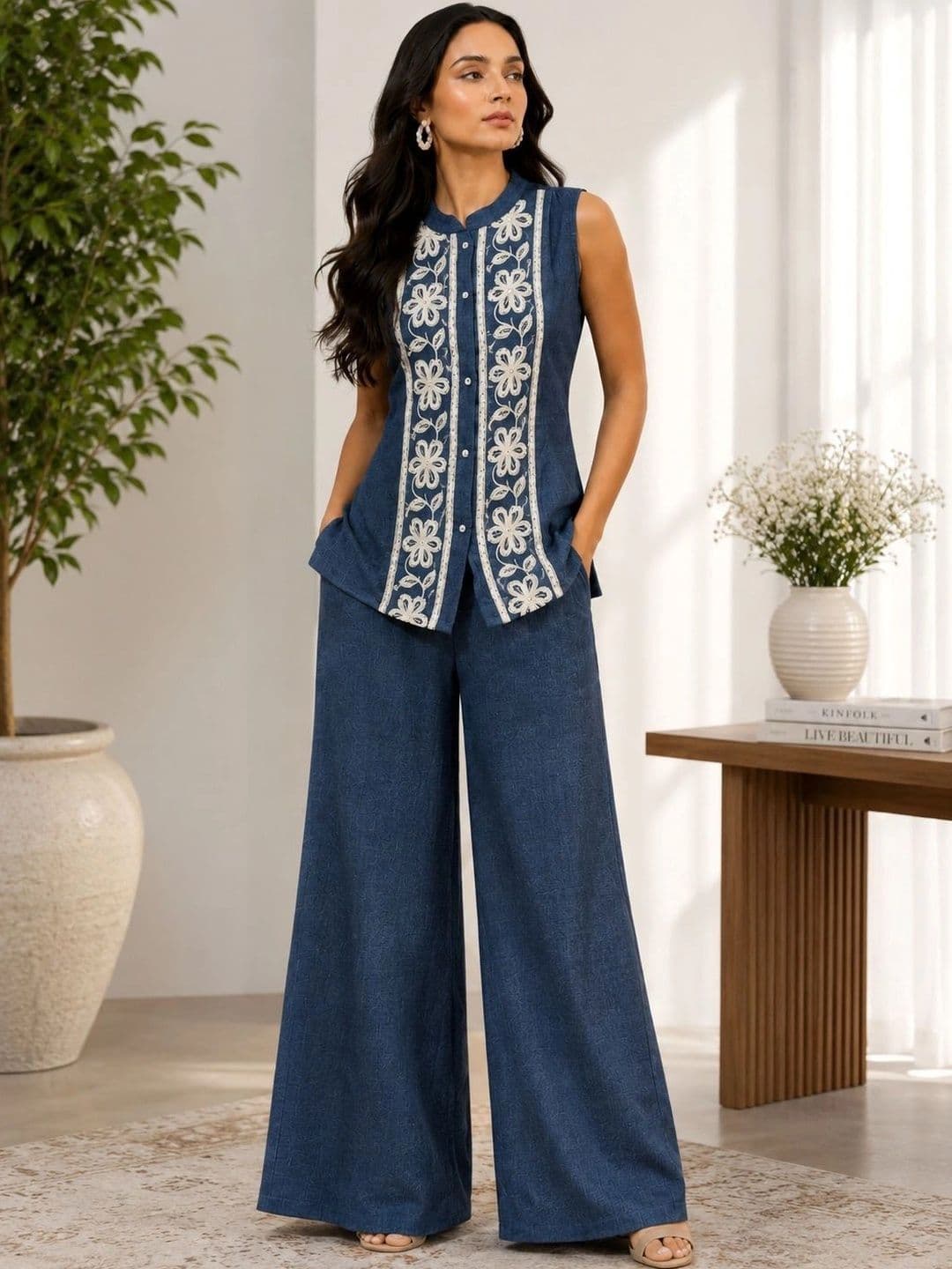 Manqsh by Claura Linen Embroidered Top with Palazzos - view 1