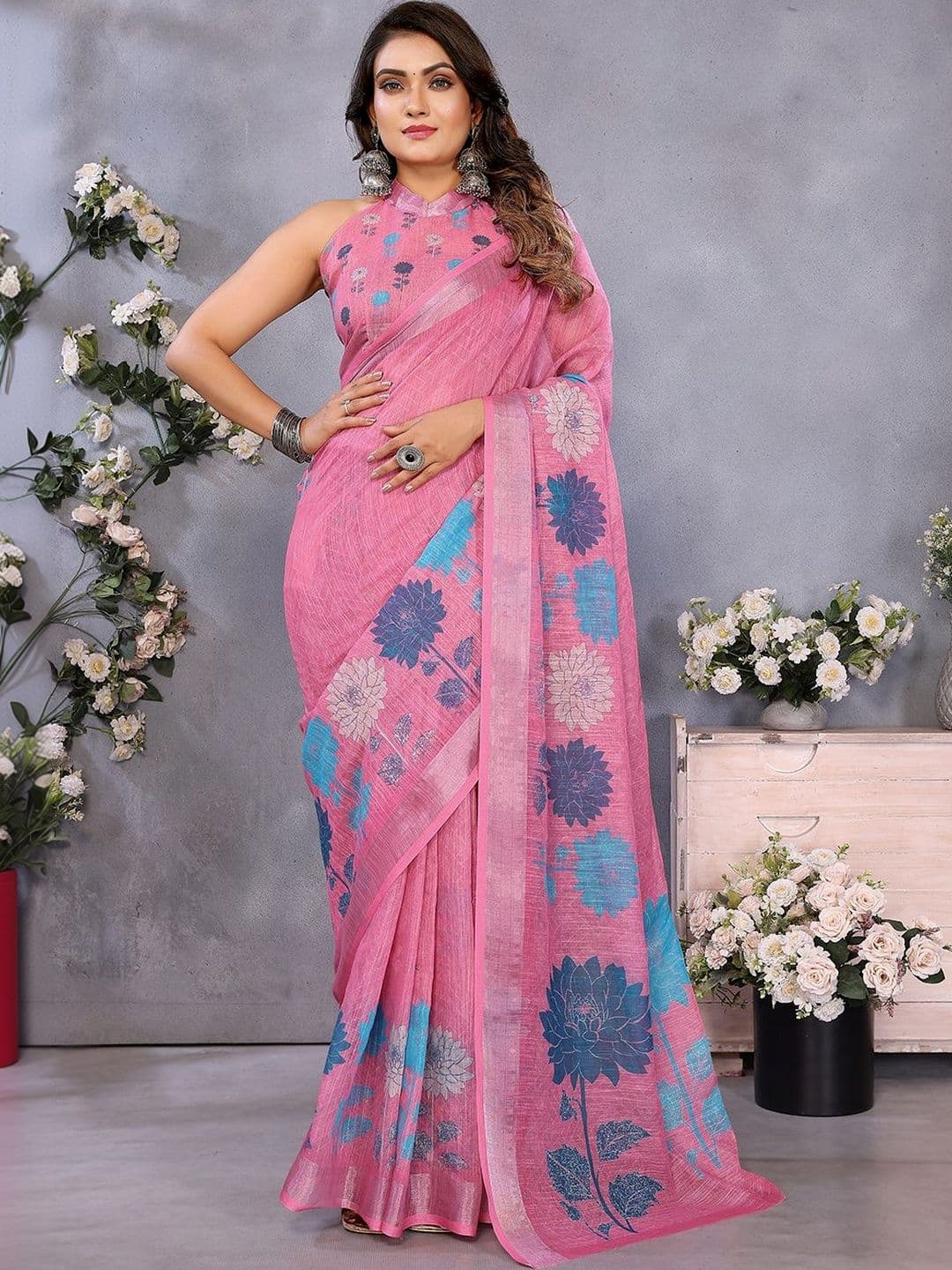 Anouk Women Rose Pink Floral Printed Zari Shibori Ready to Wear Pocket Saree with Blouse - view 1