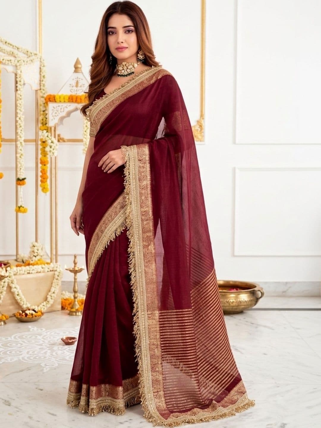 Anouk Striped Zari Silk Blend Designer Saree - view 1