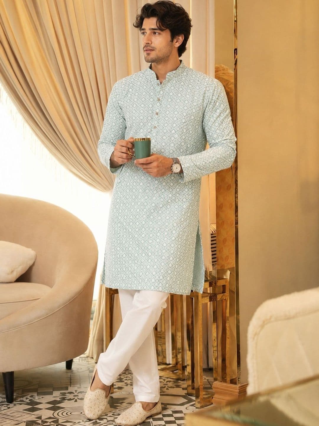 Anouk Men Geometric Embroidery Knee Length Straight Kurta - view 1
