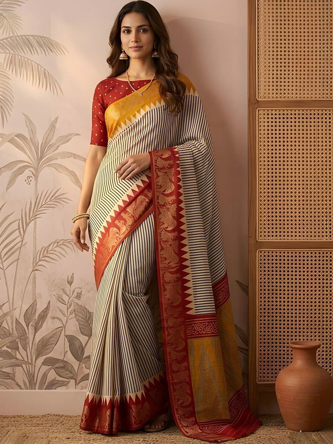 Sangria Striped Zari Silk Blend Designer Saree - view 1