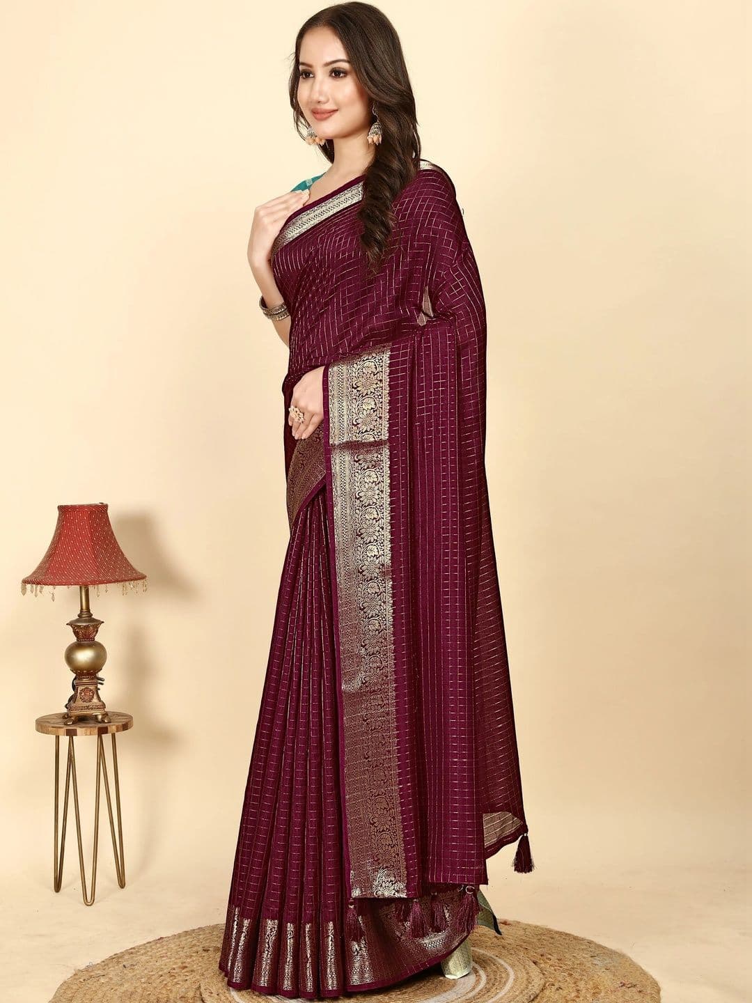 J 6 DESIGNER Checked Zari Silk Blend Saree - view 1