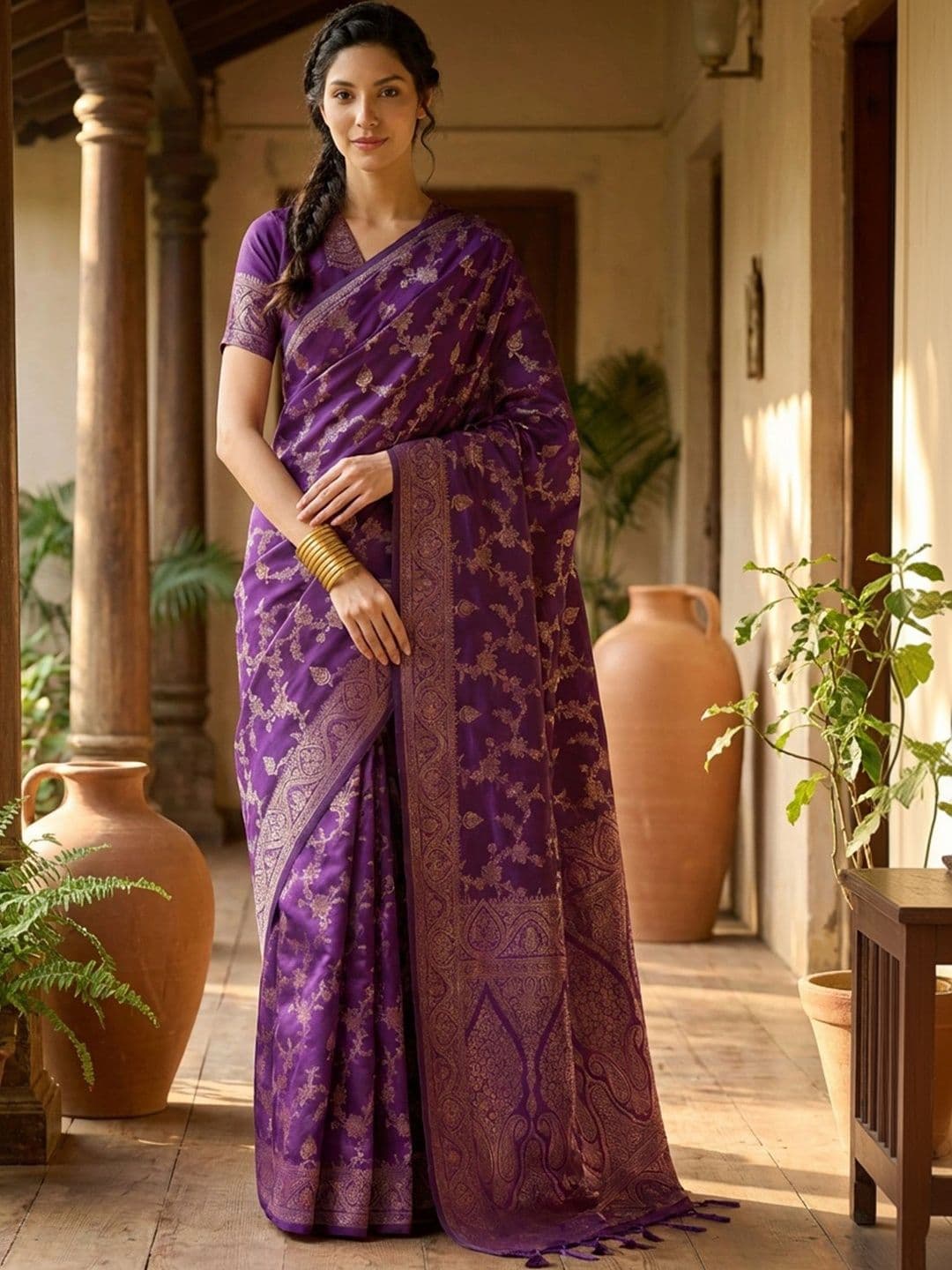 Sangria Woven Design Zari Silk Blend Designer Kanjeevaram Saree - view 1