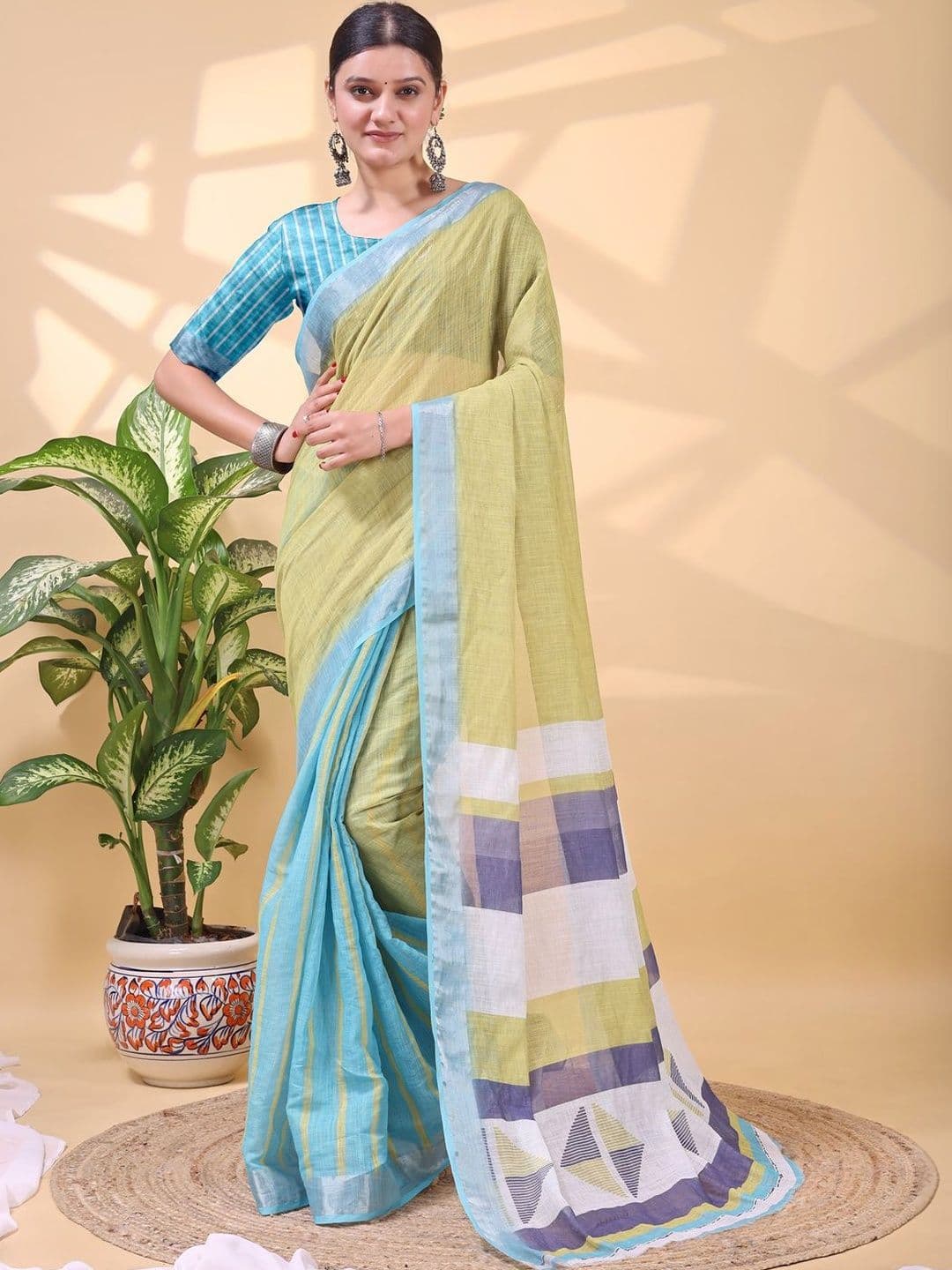 Anouk Yellow & Blue Cotton Blend Zari Shibori Ready to Wear Pocket Saree with Blouse - view 1