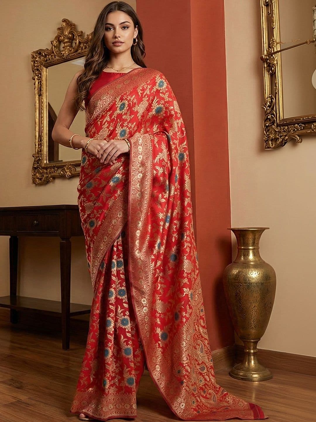 Anouk Women Red Floral Woven Design Jacquard Saree with Blouse Piece - view 1