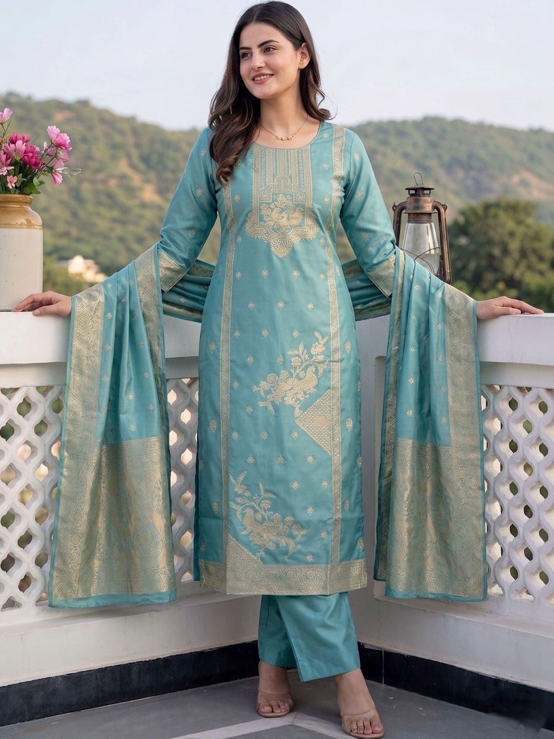 SHU-GORA Women Ethnic Motifs Embroidered Regular Kurta with Trousers & With Dupatta - view 1