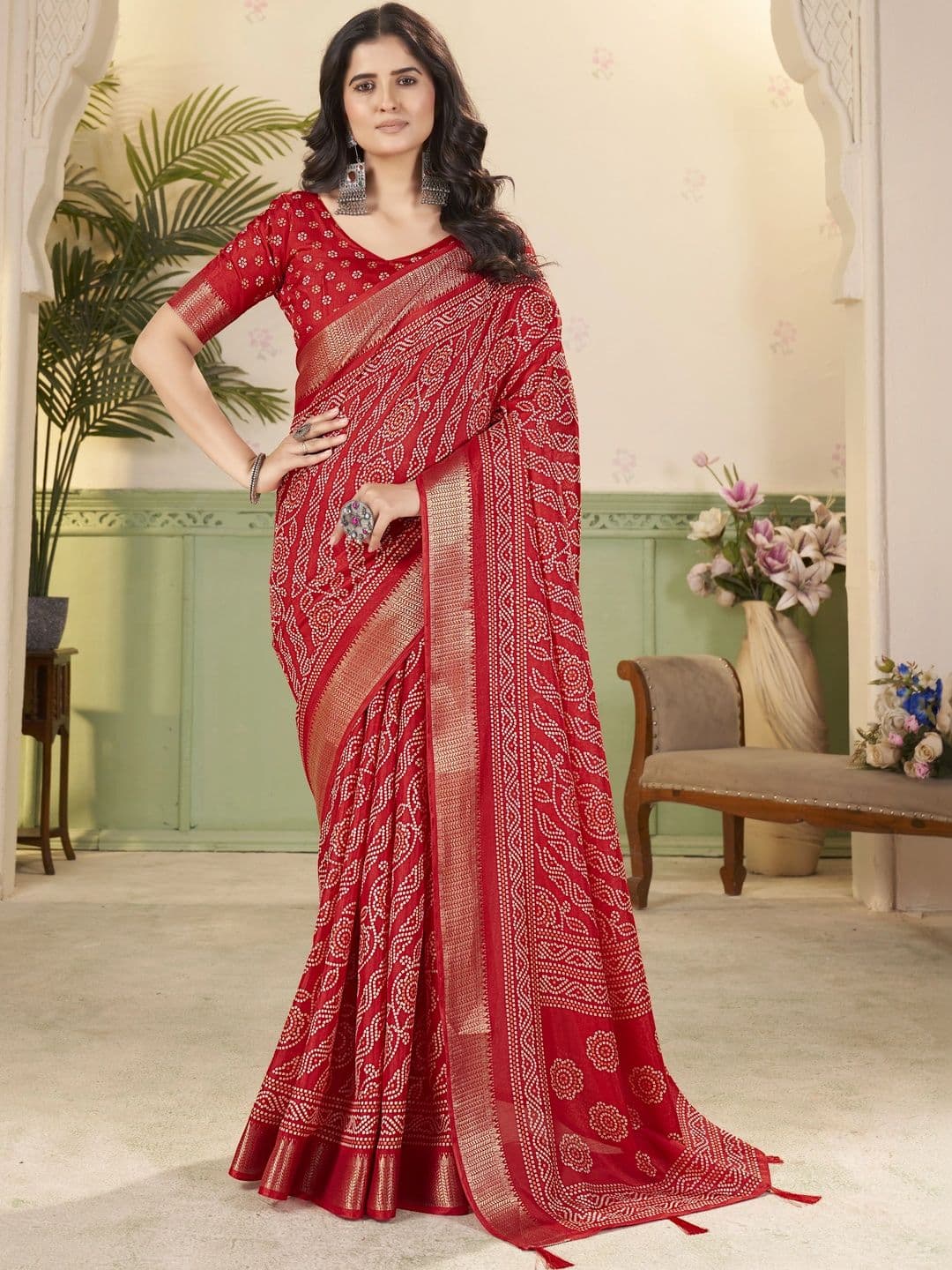 J 6 DESIGNER Bandhani Zari Silk Cotton Heavy Work Saree - view 1