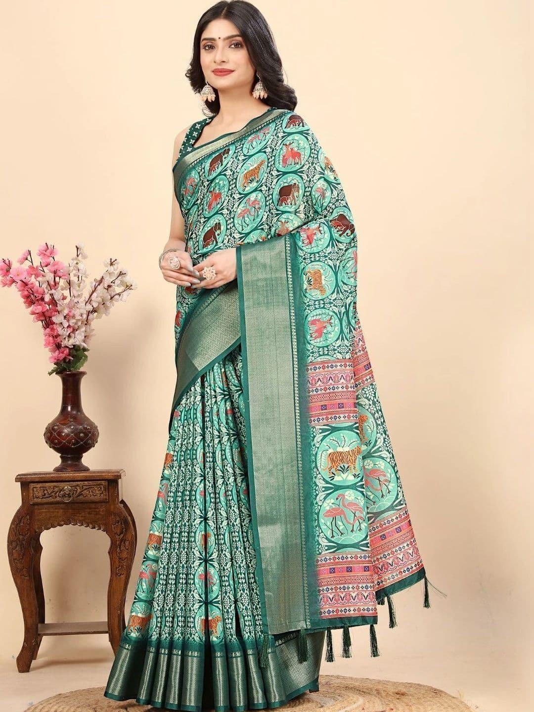 J 6 DESIGNER J6 DESIGNERS Women Light Blue Printed Art Silk Design Border Saree - view 1