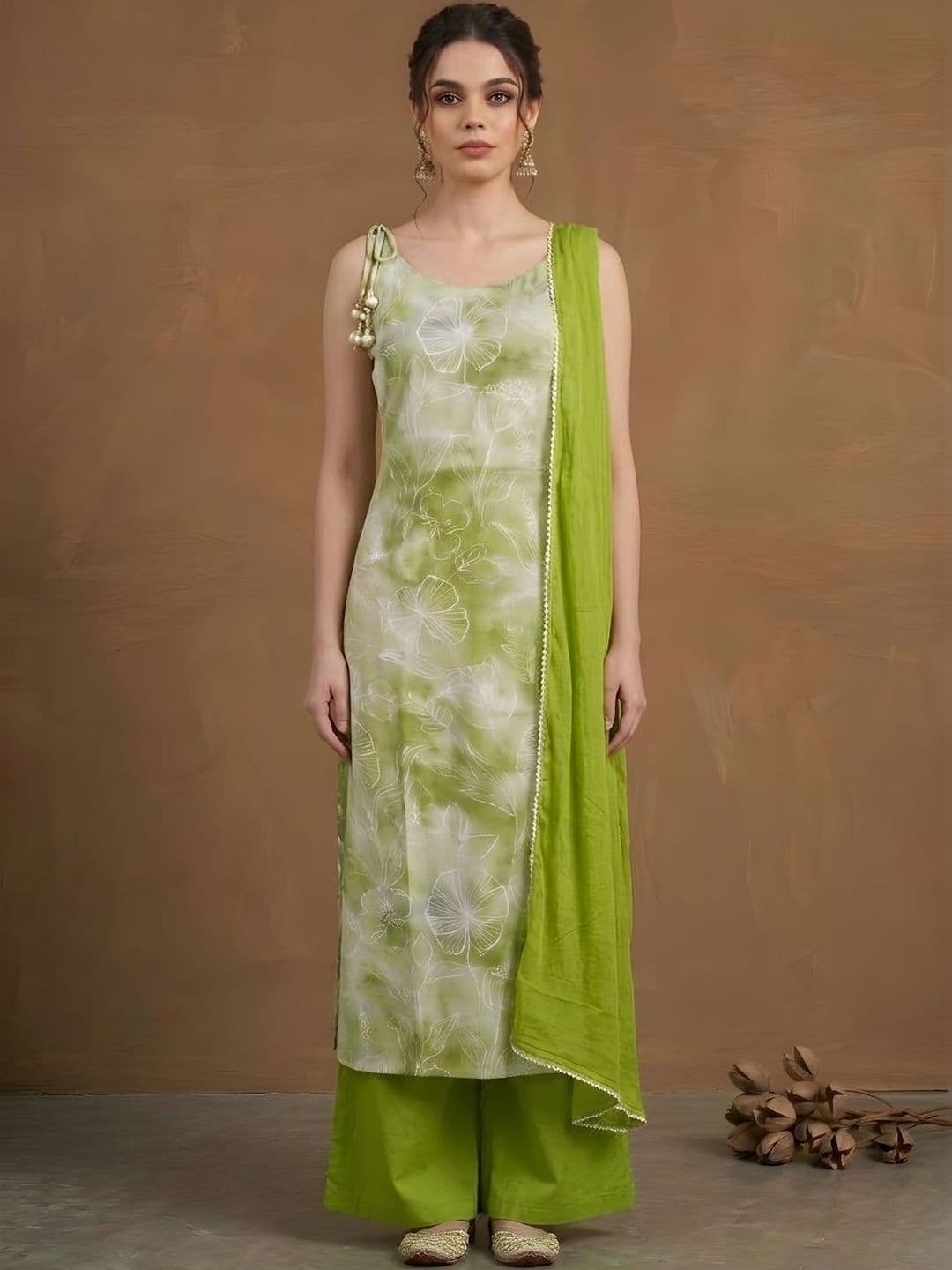 Anouk Women Floral Dyed Regular Chanderi Cotton Kurta with Palazzos & With Dupatta - view 1