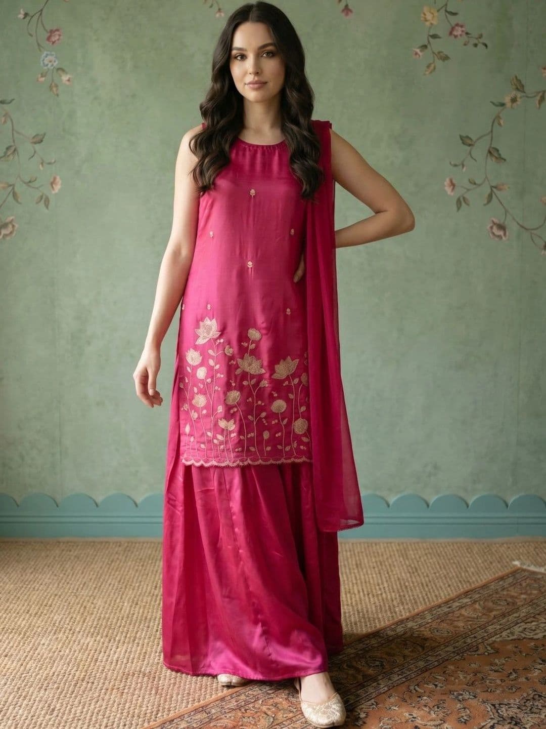 Sangria Women Floral Embroidered Regular Thread Work Kurta with Sharara & With Dupatta - view 1
