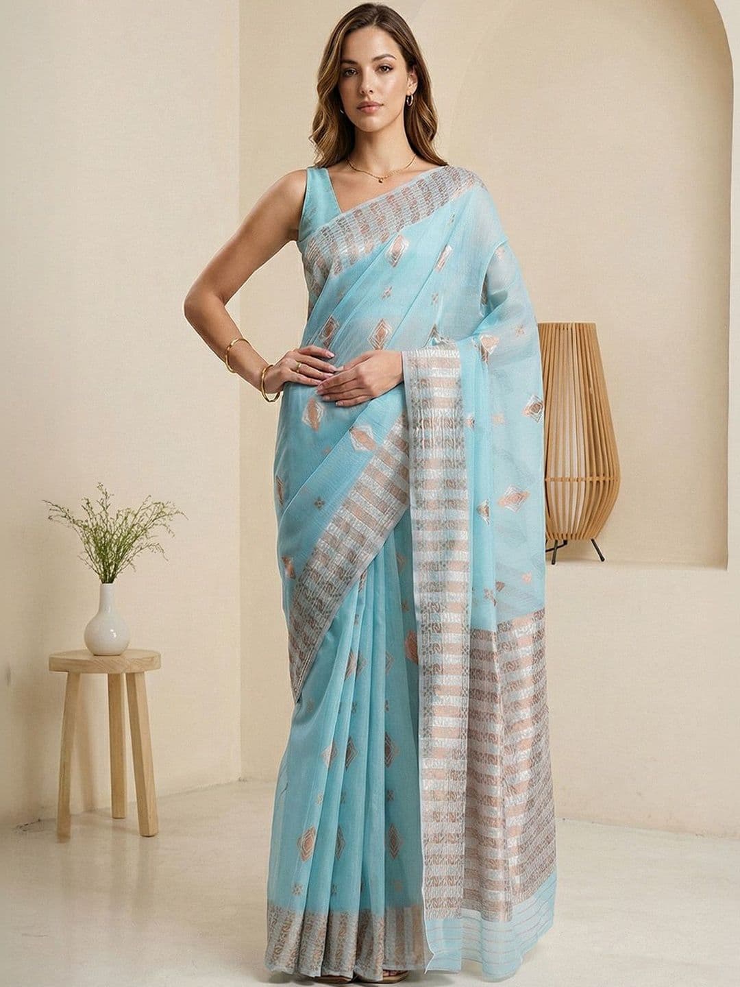 Anouk Women Sky Blue Geometric Woven Design Jacquard Saree with Blouse - view 1
