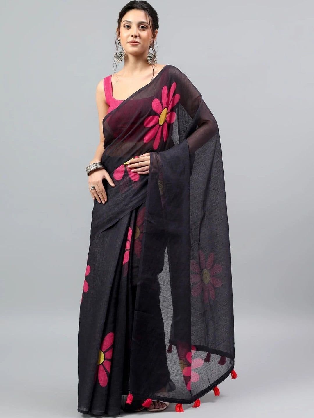 KINDA DESI Floral Patchwork Linen Blend Khadi Saree - view 1