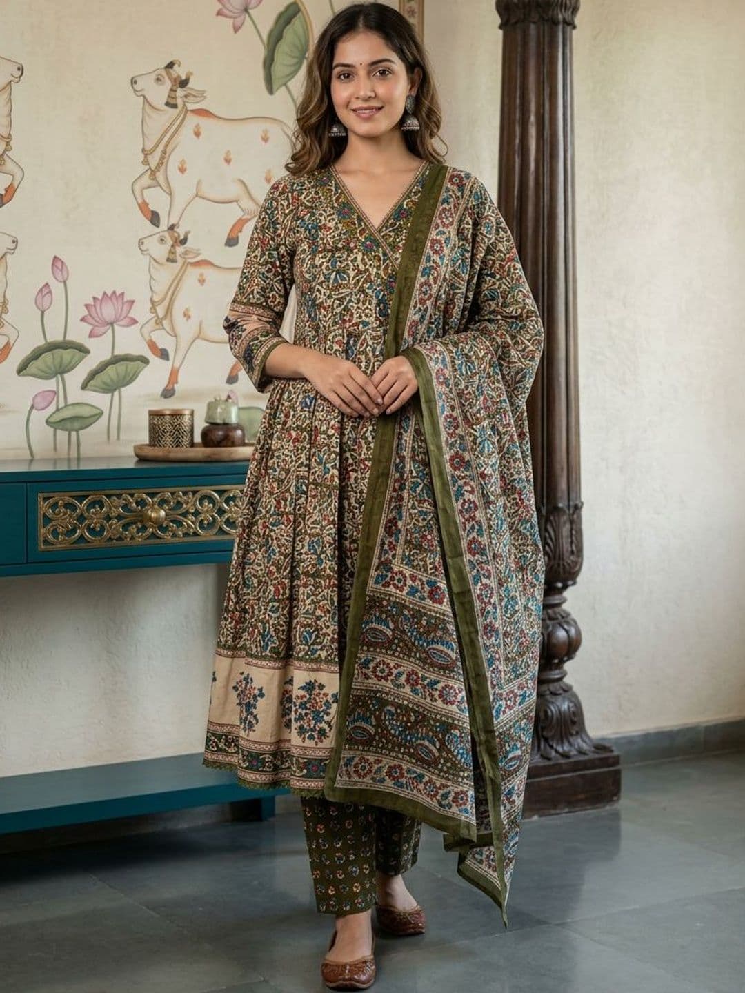Anouk Women Floral Printed Empire Pure Cotton Kurta with Trousers & With Dupatta - view 1