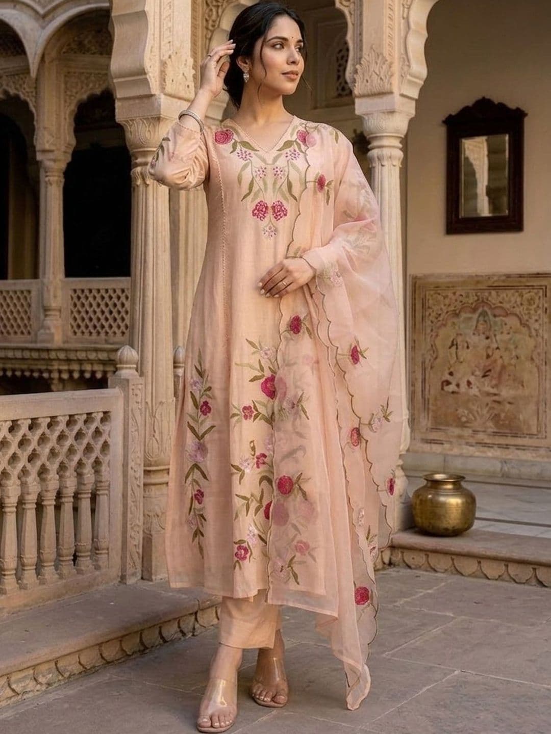 Sangria Embroidered V-Neck Kurta & Trousers With Dupatta - view 1