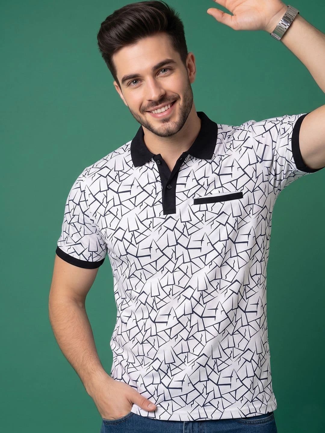 HERE&NOW Men Printed Polo Collar Pockets T-shirt - view 1